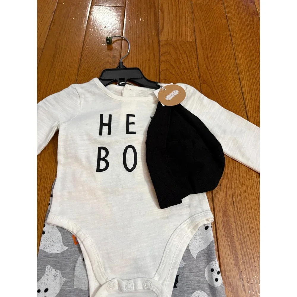 Mud Pie Baby Hey Boo Halloween 3pc‎ Set Bodysuit Leggings Beanie 6-9 Months NEW